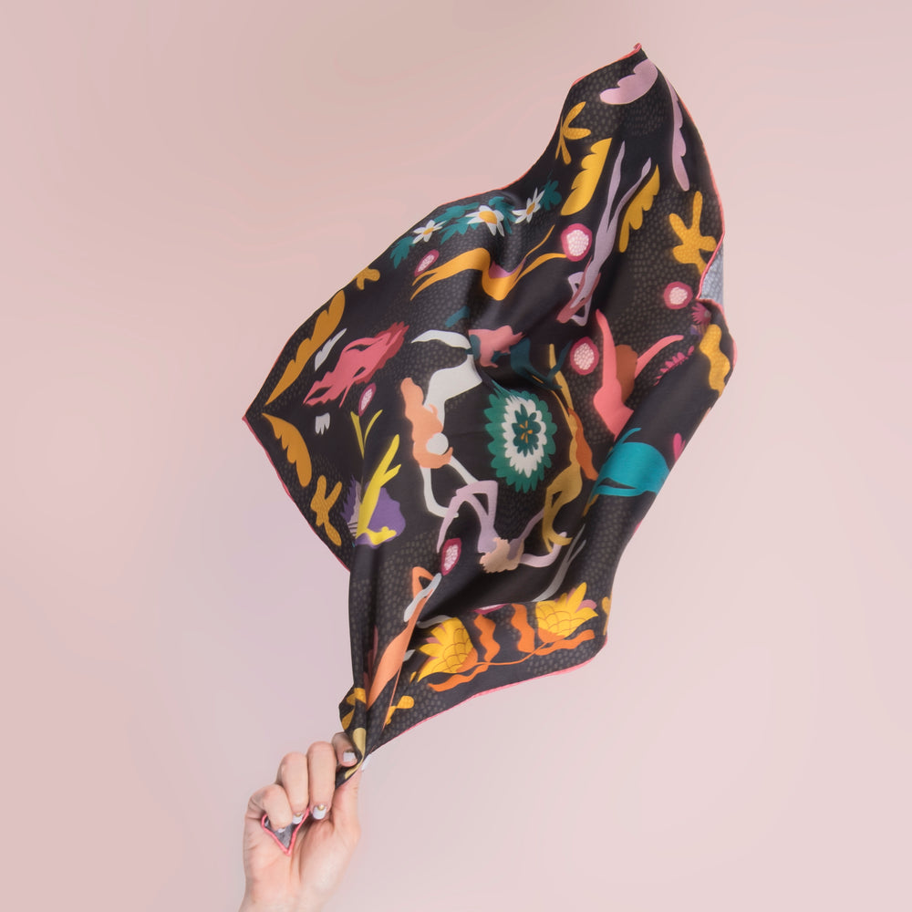 DORA NOLA - Neckerchief silk scarf - Chasing stories - 20" x 20"