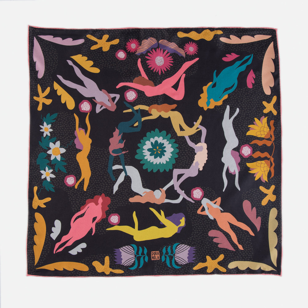 DORA NOLA - Neckerchief silk scarf - Chasing stories - 20" x 20"