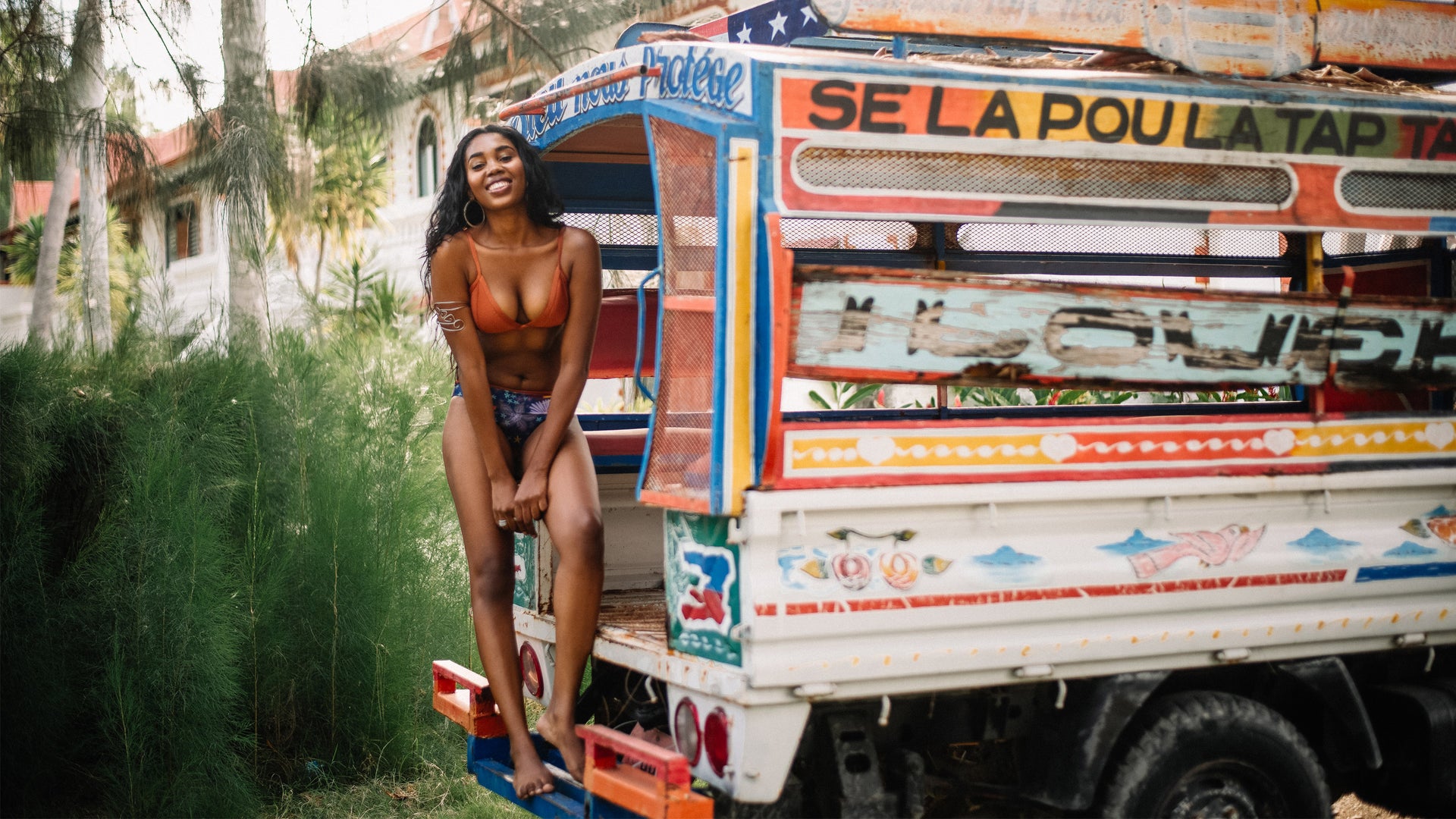 Women wearing reversible bikini swimsuits in vacation