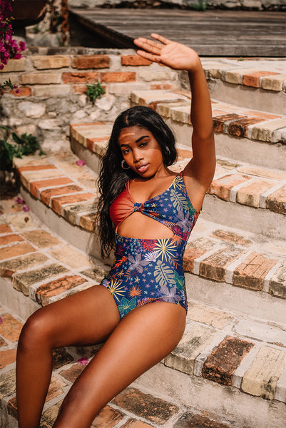 Women wearing floral print one piece swimsuit